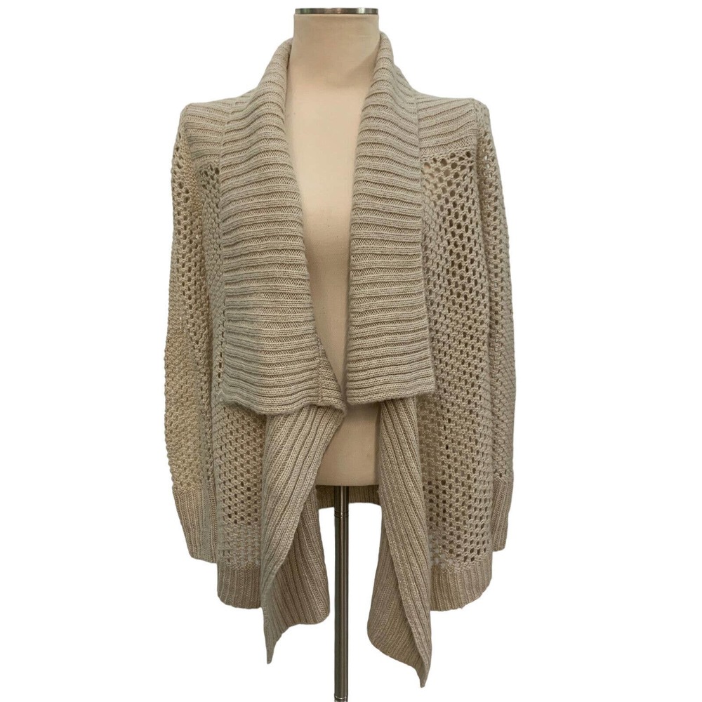 Loft Womens M Beige Open Front Knitted Collar Cardigan Sweater Long Sleeves